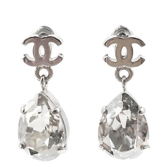 Chanel Silver CC Tear Drop Crystal Shiny Piercing Earrings - Picture 1 of 4